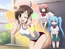  3girls angel_wings bloomers blush buruma gym_uniform ikaros leaning_forward multiple_girls nymph_(sora_no_otoshimono) oerba_yun_fang official_art rule_63 sakurai_tomoki sakurai_tomoko school_uniform serafuku short_shorts shorts sora_no_otoshimono star stars tank_top tanktop underwear wings wink 