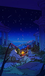  1boy arch_bishop_(ragnarok_online) blue_coat bridge bush campfire camping coat column commentary_request cropped_jacket female fire grass green_headwear green_scarf green_shorts horizon in-universe_location jacket long_sleeves night night_sky ocean outdoors pillar pointy_ears ragnarok_online ranger_(ragnarok_online) red_hair rock ruins scarf scenery shooting_star short_hair shorts sitting sky water white_hair white_jacket wolf zhi_xie 