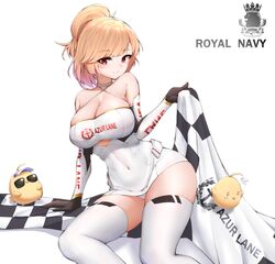  azur_lane bare_shoulders black_gloves blonde_hair breasts chinese_commentary choker cleavage closed_mouth clothing_cutout commentary_request covered_navel detached_sleeves dress english_text female gloves halterneck highres kafeifeifeifeifeifei_jiemo_jun large_breasts long_sleeves looking_at_viewer manjuu_(azur_lane) navel official_alternate_costume panties ponytail prince_of_wales_(azur_lane) prince_of_wales_(the_laureate&#039;s_victory_lap)_(azur_lane) race_queen red_eyes royal_navy_emblem_(azur_lane) short_hair short_ponytail simple_background sitting smile solo swept_bangs thighhighs underboob_cutout underwear white_background white_dress white_panties white_thighhighs 