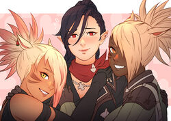  3girls animal_ears artist_self-insert black_gloves black_hair blonde_hair blush cat_ears dark-skinned_female dark_skin earrings elbow_gloves elezen elf facial_mark final_fantasy final_fantasy_xiv gloves hair_over_one_eye heart heart_background hilda_ware hyur jewelry koyorin long_hair m&#039;naago miqo&#039;te multicolored_hair multiple_girls orange_eyes pink_hair pointy_ears scarf short_hair smile two-tone_hair warrior_of_light_(ff14) whisker_markings yellow_eyes yuri 