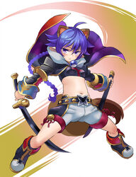  ahoge animal_ears boots braid breasts closed_mouth coat female full_body grey_shorts holding holding_sheath holding_sword holding_weapon legs_apart long_hair long_sleeves looking_at_viewer matsuhime_mujina midriff mimonel navel open_clothes open_coat purple_eyes purple_hair sheath shinrabanshou shorts single_braid small_breasts solo sword weapon 