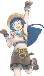  arm_up armpits blue_eyes blue_hair blunt_bangs blush brown_footwear brown_gloves brown_shorts commentary_request female fingerless_gloves foot_out_of_frame gloves hat highres leg_up long_hair looking_at_viewer one_eye_closed open_mouth rabbit rabbit_on_shoulder ragnarok_online shirt shoes shorts simple_background sleeveless sleeveless_shirt smile solo super_novice_(ragnarok_online) white_background white_shirt zhi_xie 