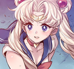  bishoujo_senshi_sailor_moon bishoujo_senshi_sailor_moon_s blonde_hair blue_background blue_sailor_collar blush breasts bright_pupils circlet cleavage crescent crescent_earrings derivative_work earrings female hair_ornament jewelry long_hair magical_girl meme mimonel parted_bangs parted_lips purple_eyes sailor_collar sailor_moon sailor_moon_redraw_challenge_(meme) sailor_senshi_uniform screenshot_redraw solo sweat tsukino_usagi twintails upper_body white_pupils wide-eyed 