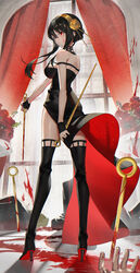  ass black_dress black_footwear black_gloves black_hair blood blood_on_face blood_on_weapon boots bouquet breasts colored_shoe_soles commentary_request corpse dagger dress dual_wielding female fingerless_gloves flower full_body gloves gold_hairband hair_flower hair_ornament hairband high_heel_boots high_heels highres holding holding_dagger holding_knife holding_weapon knife large_breasts long_hair no_earrings planted planted_knife red_eyes red_flower red_rose rose scottie_(phantom2) shoe_soles sidelocks solo spikes spy_x_family thigh_boots thighhighs two-sided_dress two-sided_fabric weapon yor_briar zettai_ryouiki 