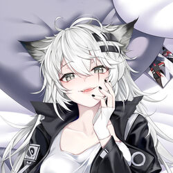  animal_ears arknights bad_id bad_pixiv_id bed_sheet black_jacket black_nails breasts cameo chinese_commentary collarbone dakimakura_(medium) fangs female fingerless_gloves from_above gloves grey_eyes hair_between_eyes hair_ornament hairclip hand_on_own_cheek hand_on_own_face jacket jiushi_shijiu lappland_(arknights) lips long_hair looking_at_viewer lying medium_breasts nail_polish on_back open_clothes open_jacket open_mouth photo_(object) pillow scar scar_across_eye scar_on_face shirt smile solo texas_(arknights) upper_body white_gloves white_hair white_shirt wolf_ears 