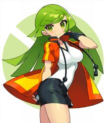  ace_trainer_(pokemon) black_gloves black_skirt blush breasts commentary female fingerless_gloves gloves green_eyes highres holding holding_poke_ball itsumo_nokoru jacket long_hair poke_ball poke_ball_(basic) pokemon pokemon_masters_ex pokemon_oras shirt short_sleeves skirt smile solo white_shirt 