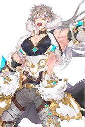  1boy absurdres alternate_costume bara bare_shoulders belt blue_eyes bulge chase_(king&#039;s_raid) cleavage_cutout clothing_cutout covered_nipples feet_out_of_frame grey_hair highres jumping king&#039;s_raid large_pectorals male_focus muscular muscular_male oerba_yun_fang open_mouth pectoral_cleavage pectorals short_hair side_cutout sidepec solo zhineart 