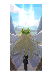  1other black_legwear blonde_hair blue_sky border cloud column commentary_request feet_out_of_frame female laurel_crown long_hair multiple_wings pillar ragnarok_online sky thighhighs valkyrie valkyrie_(ragnarok_online) white_border wings zhi_xie 