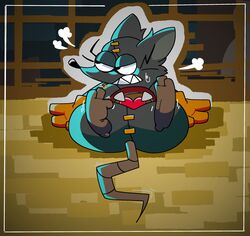  absurd_res anthro embarrassed feet foot_focus fur grey_body grey_fur hi_res hole_(anatomy) looking_away mad_rat_(mad_rat_dead) mad_rat_dead male mammal murid murine nippon_ichi_software pawplants paws rat rodent solo stitch_(sewing) 