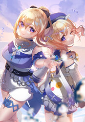  2girls barbara_(genshin_impact) barbara_(summertime_sparkle)_(genshin_impact) bird blonde_hair blouse blue_eyes dandelion duck flower frilled_skirt frills genshin_impact hat highres jean_(genshin_impact) jean_(sea_breeze_dandelion)_(genshin_impact) multiple_girls natsuki_yoru official_alternate_costume one_eye_closed ponytail sailor_collar sailor_hat shirt shorts siblings sisters skirt smile swimsuit twintails vision_(genshin_impact) 