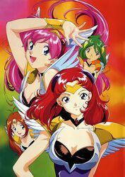  1990s_(style) 4girls :d ai_tenshi_densetsu_wedding_peach angel_daisy angel_lily angel_salvia arm_up blue_eyes bracelet breasts brown_hair choker circlet cleavage closed_mouth collarbone floating_hair gold_bracelet green_hair hanasaki_momoko happy ichiishi_sayuri jewelry long_hair looking_at_viewer magical_girl multicolored_background multiple_girls non-web_source official_art open_mouth pink_hair purple_eyes red_hair retro_artstyle scarlet_ohara short_hair smile tamano_hinagiku tanima_yuri tiara wedding_peach 