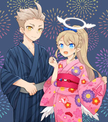  1boy alvin_granford angel angel_wings bad_id bad_pixiv_id blonde_hair blue_eyes blush braid crown_braid earrings feathered_wings female fireworks hair_ribbon halo japanese_clothes jewelry kimono light_brown_hair liliana_hart md5_mismatch obi panunpa ponytail pop-up_story ribbon sash smile white_wings wings yellow_eyes yukata 