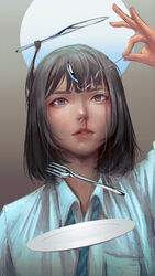  bent_spoon blood blue_necktie blue_shirt bob_cut breast_pocket brown_eyes brown_hair collared_shirt commentary female floating fork hand_up highres holding holding_spoon levitation looking_at_viewer necktie nose nosebleed original parted_lips plate pocket shirt solo spoon telekinesis upper_body wataboku wing_collar 