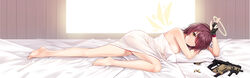  arknights bad_id bad_pixiv_id bare_legs barefoot bed bed_sheet black_gloves breasts bullet chinese_commentary cleavage closed_mouth commentary_request day detached_wings exusiai_(arknights) female fingerless_gloves full_body gloves gun halo indoors jiushi_shijiu looking_at_viewer lying medium_breasts naked_sheet on_side one_eye_closed orange_eyes partial_commentary photoshop_(medium) pillow red_hair short_hair smile solo submachine_gun sunlight thighs v weapon window wings 