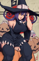  absurdres bell between_legs black_dress black_headwear black_legwear black_sleeves blair_(soul_eater) breasts brown_eyes chibi clip_studio_paint_(medium) curly_hair detached_sleeves dress english_commentary eyeliner female hand_between_legs hat highres impossible_clothes impossible_dress jack-o&#039;-lantern jingle_bell joseph_virtuoso large_breasts lips long_hair looking_at_viewer maka_albarn makeup no_bra pumpkin purple_hair sideboob sitting solo_focus soul_eater soul_evans thick_thighs thighhighs thighs wide_sleeves witch_hat 