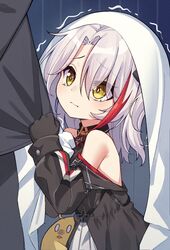  0_0 1boy ashisi azur_lane bare_shoulders bed_sheet closed_mouth clothes_grab cross female gloves gripping_clothes highres iron_cross little_prinz_eugen_(azur_lane) long_sleeves manjuu_(azur_lane) medium_hair multicolored_hair scared skirt streaked_hair tearing_up trembling under_covers white_hair yellow_eyes 