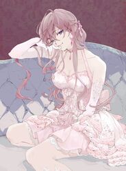  ahoge bare_shoulders blue_eyes breasts brown_hair cleavage couch dress earrings elbow_gloves female gloves hair_between_eyes hair_ribbon highres ichinose_shiki idolmaster idolmaster_cinderella_girls jewelry lace-trimmed_dress lace_trim long_hair looking_at_viewer medium_breasts nininiwa2 pink_dress pink_ribbon ribbon sitting sleeveless sleeveless_dress smile solo wavy_hair white_gloves 