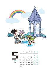  2021 2boys animal_hood arch_bishop_(ragnarok_online) black_footwear black_gloves blue_dress blue_pants blush brown_footwear brown_hair calendar_(medium) chibi clothes_around_waist cloud commentary_request dress female fingerless_gloves fishnet_legwear fishnets flame_print frog_hood full_body fur-trimmed_pants fur-trimmed_sleeves fur_trim gazebo gloves high_heels hood juliet_sleeves long_sleeves looking_at_another mask mask_on_head may multiple_boys open_mouth pants pouch puddle puffy_sleeves purple_eyes ragnarok_online rainbow shirt shirt_around_waist shoes sleeveless sleeveless_shirt smile sura_(ragnarok_online) suspenders topless_male two-tone_dress white_background white_dress white_legwear white_shirt whitesmith_(ragnarok_online) zhi_xie 