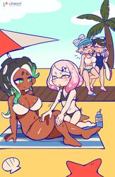  4girls applying_sunscreen bad_id bad_pixiv_id barefoot beach beach_towel beach_umbrella bikini blush bra breasts callie_(splatoon) clam_shell closed_eyes cloud crybleat dark-skinned_female dark_skin day english_commentary eye_contact feet flat_chest green_eyes hat highres inkling juice_box kneeling large_breasts looking_at_another lotion marie_(splatoon) marina_(splatoon) medium_breasts midriff mole mole_under_mouth multiple_girls navel octoling one-piece_swimsuit outdoors palm_tree panties parasol pearl_(splatoon) sandals shirt sitting sky smile splatoon_(series) splatoon_2 starfish suction_cups sunscreen swimsuit tentacle_hair towel tree umbrella underwear yellow_eyes yuri 