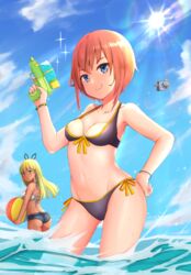  2girls alice_gear_aegis araime_yasuri ball beachball bikini black_bikini blonde_hair blue_eyes blue_sky blunt_bangs breasts camera cloud collarbone commentary_request contrapposto cowboy_shot dark-skinned_female dark_skin day green_eyes highres kanagata_sugumi maxdeng mismatched_bikini multiple_girls outdoors short_hair side-tie_bikini_bottom sky small_breasts solo_focus sparkle sun swimsuit water water_gun 