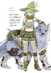  belt boots bow_(weapon) bra_strap brown_belt brown_footwear closed_mouth commentary_request expressionless female fingerless_gloves full_body gloves green_eyes green_gloves green_hair green_headwear green_scarf green_shorts green_thighhighs green_tube_top hat_feather holding holding_bow_(weapon) holding_weapon looking_at_viewer midriff navel pointy_ears pouch ragnarok_online ranger_(ragnarok_online) scar scar_across_eye scarf short_hair shorts simple_background solo standing strapless thighhighs translation_request tube_top weapon white_background wolf zhi_xie 