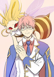  1boy arthropod_girl bee_girl blazer blue_cape blue_necktie blush cape closed_mouth collared_shirt colored_sclera commentary_request female genetic_(ragnarok_online) insect_wings jacket looking_at_viewer necktie official_alternate_costume pink_eyes pink_hair ragnarok_online red_sclera red_shirt sera_(ragnarok_online) shirt short_hair smile stinger upper_body white_jacket wings zhi_xie 