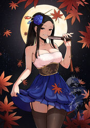  absurdres autumn_leaves bare_shoulders bdpp beautiful_gunbari black_eyes black_hair blue_skirt breasts cleavage dragon dragon_print eastern_dragon female flower folding_fan full_moon garter_straps hair_flower hair_ornament hair_stick hand_fan highres holding holding_fan korean_commentary long_hair looking_at_viewer mole mole_under_mouth moon night night_sky outdoors skirt skirt_hold sky smile solo star_(sky) starry_sky strapless thighhighs 