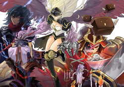  1boy 2others 3girls abysmal_knight angel_wings armor assassin_cross_(ragnarok_online) barding black_armor black_hair black_shirt black_skirt black_thighhighs blonde_hair blue_hair breasts candelabra candle candlestand claw_(weapon) cleavage closed_mouth commentary_request electricity eremes_guile expressionless fire flag frown full_body hair_ornament hair_over_eyes hair_stick helmet holding holding_sword holding_weapon incantation_samurai japanese_armor kabuto_(helmet) kneehighs long_hair long_sleeves looking_at_viewer marionette marionette_(ragnarok_online) medium_breasts multiple_girls multiple_others pauldrons poleyn puppet ragnarok_online red_eyes red_scarf scarf shirt shoulder_armor skeggiold_(ragnarok_online) skeleton skirt socks sohee sword thighhighs undead upper_body valkyrie valkyrie_randgris visor_(armor) weapon white_hair wide_sleeves wings zhi_xie 