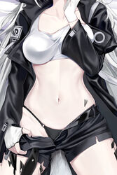  arknights bad_id bad_pixiv_id bed_sheet black_jacket black_nails black_panties black_shorts breasts chinese_commentary clothes_pull collarbone cowboy_shot crop_top dakimakura_(medium) female fingerless_gloves from_above gloves groin head_out_of_frame jacket jiushi_shijiu lappland_(arknights) long_hair lying material_growth medium_breasts midriff nail_polish navel o-ring o-ring_bottom o-ring_panties on_back open_clothes open_jacket oripathy_lesion_(arknights) panties short_shorts shorts shorts_pull solo tail tank_top thighs underwear white_gloves white_hair white_tank_top wolf_tail 