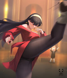  2girls anya_(spy_x_family) arms_up artist_name bare_shoulders black_dress black_hair black_panties black_pantyhose blush cheering commentary dress earrings fighting_stance gold_earrings hair_between_eyes hairband highres incoming_kick jewelry kicking lips lolicon long_hair looking_at_viewer motion_blur motion_lines multiple_girls nail_polish off-shoulder_dress off_shoulder panties panties_under_pantyhose pantyhose pink_hair red_dress red_eyes red_nails shadow_cat_(yingmiao) short_dress signature solo_focus spy_x_family sweater sweater_dress thighs underwear upskirt white_hairband yor_briar 