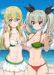  2girls anchovy_(girls_und_panzer) beach bikini bikini_skirt black_ribbon blonde_hair blue_sky bow bow_bikini breasts carpaccio_(girls_und_panzer) cleavage closed_mouth cloud cloudy_sky collarbone cowboy_shot day double_v dress drill_hair flag_print girls_und_panzer green_eyes green_hair groin hair_ribbon inoshira italian_flag italian_flag_bikini long_hair looking_at_viewer medium_breasts medium_dress multiple_girls navel ocean open_mouth outdoors print_bikini red_eyes ribbon side-by-side sky smile standing swimsuit twin_drills twintails twitter_username v white_bikini 