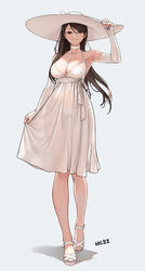  absurdres armpits artist_name aurora_(beautiful_gunbari) bdpp beautiful_gunbari black_eyes breasts brown_hair cleavage dress elbow_gloves female full_body gloves halterneck hand_on_headwear highres large_breasts long_hair looking_at_viewer panties purple_nails sandals see-through see-through_dress simple_background skirt_hold smile solo sundress underwear white_background white_dress white_footwear white_panties 