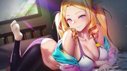  adella_(some_some_convenience_store) bare_shoulders barefoot bed black_pants blonde_hair blush breasts cleavage closed_mouth collarbone curly_hair feet female game_cg hair_ornament hair_scrunchie highres indoors jacket lips long_hair long_sleeves looking_at_viewer lying midriff multicolored_hair navel off_shoulder on_stomach open_clothes open_jacket pants pink_jacket purple_eyes room scrunchie smile solo some_some_convenience_store stomach streaked_hair talesshop the_pose twintails window 