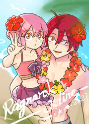  1boy 2021 alternate_costume bikini carrying carrying_person commentary_request copyright_name double_bun female flat_chest flower flower_necklace hair_between_eyes hair_bun hair_flower hair_ornament hibiscus highres lei looking_at_viewer ocean open_mouth pink_bikini pink_hair purple_skirt ragnarok_online red_flower red_hair shadow_chaser_(ragnarok_online) short_hair skirt smile swimsuit topless_male upper_body w warlock_(ragnarok_online) water yellow_eyes zhi_xie 