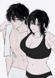  1boy arm_around_shoulder black_bra black_eyes black_hair black_panties bra breasts cleavage collarbone copyright_request cowboy_shot female highres large_breasts little_mare looking_at_viewer middle_finger navel panties sanpaku simple_background smile standing topless_male towel towel_around_neck underwear white_background 