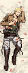  1boy absurdres ai_(ai1470) blonde_hair blood blood_on_clothes blood_on_face boots cuts dakimakura_(medium) full_body green_shirt highres injury knee_boots leather leather_boots lying male_focus on_back pants pectoral_cleavage pectorals reiner_braun shingeki_no_kyojin shirt short_hair sideburns solo three-dimensional_maneuver_gear torn_clothes torn_pants torn_shirt 