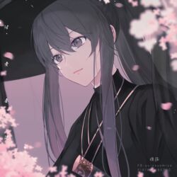  artist_name black_hair blurry blurry_foreground chinese_clothes chinese_commentary closed_mouth commentary_request depth_of_field female flower grey_eyes hair_between_eyes katana long_hair looking_away official_art original petals pink_flower pixiv_id ponytail sidelocks smile solo sword upper_body weapon yuizayomiya 