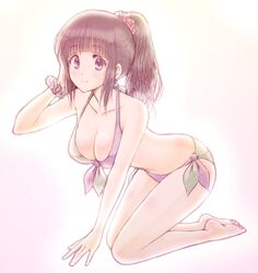  all_fours barefoot bikini black_hair bluez blunt_bangs breasts chitanda_eru cleavage collarbone commentary_request female full_body hair_ornament hair_scrunchie halterneck hyouka long_hair looking_at_viewer medium_breasts multicolored_bikini multicolored_clothes navel pink_scrunchie ponytail purple_eyes purple_scrunchie scrunchie side-tie_bikini_bottom smile solo split_mouth swimsuit wrist_scrunchie 