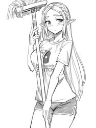  braid breasts broom cowboy_shot crown_braid dolphin_shorts female greyscale hair_ornament hairclip holding holding_broom large_breasts long_hair monbetsu_kuniharu monochrome nintendo_switch_shirt pointy_ears princess_zelda shirt short_shorts shorts solo t-shirt the_legend_of_zelda the_legend_of_zelda:_breath_of_the_wild 