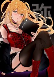  amane_misa black_shorts black_thighhighs blonde_hair blush breasts choker cleavage cross cross_necklace crossed_legs death_note death_note_(object) ear_piercing earrings female garter_straps goth_fashion hair_between_eyes highres jewelry large_breasts nail_polish necklace piercing red_footwear red_nails red_tank_top ring shorts sitting solo tank_top thighhighs two_side_up yamakonbu yellow_eyes 