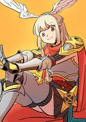  armor armored_boots black_skirt blonde_hair boobplate boots braid breastplate brown_eyes cape closed_mouth commentary_request cross feet_out_of_frame female french_braid gauntlets head_wings leg_armor long_hair looking_at_viewer official_alternate_costume orange_hair pauldrons ragnarok_online red_cape rune_knight_(ragnarok_online) shoulder_armor simple_background sitting skirt smile solo white_wings wings zhi_xie 