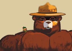  2020 american_black_bear anthro avian bear biped bird black_bear blush brown_body brown_fur clothing duo everydaylouie fur hat headgear headwear male mammal muscular owl simple_background sitting smokey_bear text text_on_clothing text_on_hat text_on_headwear united_states_forest_service ursine woodsy_owl 