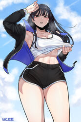  absurdres arm_up artist_name bdpp beautiful_gunbari black_hair black_jacket black_shorts blue_sky breasts cleavage commentary day female highres im-dana jacket long_hair long_sleeves medium_breasts mole mole_on_breast mole_under_eye navel outdoors shirt shorts sky solo sweat thighs toned underboob white_shirt wristband 