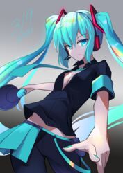  2021 absurdres aqua_eyes aqua_hair aqua_nails aqua_neckwear bangs belt_pouch black_pants black_shirt breasts cleavage collared_shirt cowboy_shot dated eyebrows_visible_through_hair female frown gradient gradient_background grey_background hatsune_miku headset highres long_hair megaphone necktie pants partially_unzipped pompmaker1 pouch shirt small_breasts solo twintails very_long_hair vocaloid 