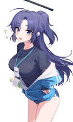  absurdres bad_id bad_twitter_id black_shirt blue_archive blue_eyes blue_hair blue_jacket breasts channel_(_caststation) female halo highres jacket large_breasts long_hair looking_at_viewer mechanical_halo official_alternate_costume open_mouth ponytail shirt simple_background solo thighs white_background yuuka_(blue_archive) yuuka_(track)_(blue_archive) 