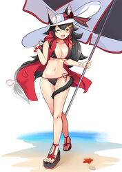  alternate_color animal_ears beach beach_umbrella bikini bikini_under_clothes black_bikini black_hair breasts cleavage collarbone cosplay ears_through_headwear female flipped_hair halterneck hat highres hololive large_breasts long_hair looking_at_viewer multicolored_hair navel one_eye_closed ookami_mio orange_eyes parasol photoshop_(medium) red_hair side-tie_bikini_bottom solo streaked_hair string_bikini sun_hat swimsuit tail tail_around_own_leg tail_wrap tamamo_(fate) tamamo_no_mae_(swimsuit_lancer)_(fate) tamamo_no_mae_(swimsuit_lancer)_(fate)_(cosplay) tamamo_no_mae_(swimsuit_lancer)_(third_ascension)_(fate) umbrella very_long_hair virtual_youtuber wolf_ears wolf_girl wolf_tail yasume_yukito 