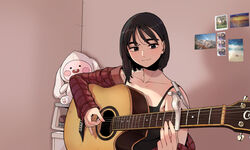  absurdres acoustic_guitar bdpp beautiful_gunbari black_eyes black_hair black_shirt capo_(guitar) commission female guitar highres indoors instrument jacket korean_commentary mole music photo_(object) plaid plaid_jacket playing_instrument red_jacket shin_sol shirt short_hair solo stuffed_toy upper_body 