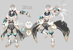  1boy alternate_costume bara bare_shoulders blue_eyes bulge chase_(king&#039;s_raid) cleavage_cutout clothing_cutout concept_art covered_nipples feet_out_of_frame full_body grey_background grey_hair highres jumping king&#039;s_raid large_pectorals male_focus multiple_views muscular muscular_male oerba_yun_fang open_mouth pectoral_cleavage pectorals short_hair side_cutout sidepec zhineart 