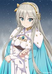  alternate_hair_length alternate_hairstyle anastasia_(fate) anastasia_(fate)_(cosplay) anastasia_(idolmaster) aqua_cape blue_eyes breasts cape cleavage closed_mouth commentary_request cosplay dress fate/grand_order fate_(series) female grey_hair hair_ornament idolmaster idolmaster_cinderella_girls inoshira jewelry long_dress long_hair long_sleeves looking_at_viewer medium_breasts name_connection necklace pendant smile snow solo standing twitter_username white_dress 