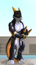  9:16 absurd_res clothing dizrahk_(artist) gas_mask hi_res hood kronas latex mask pool_side puffy sergal solo suit tail vinly 